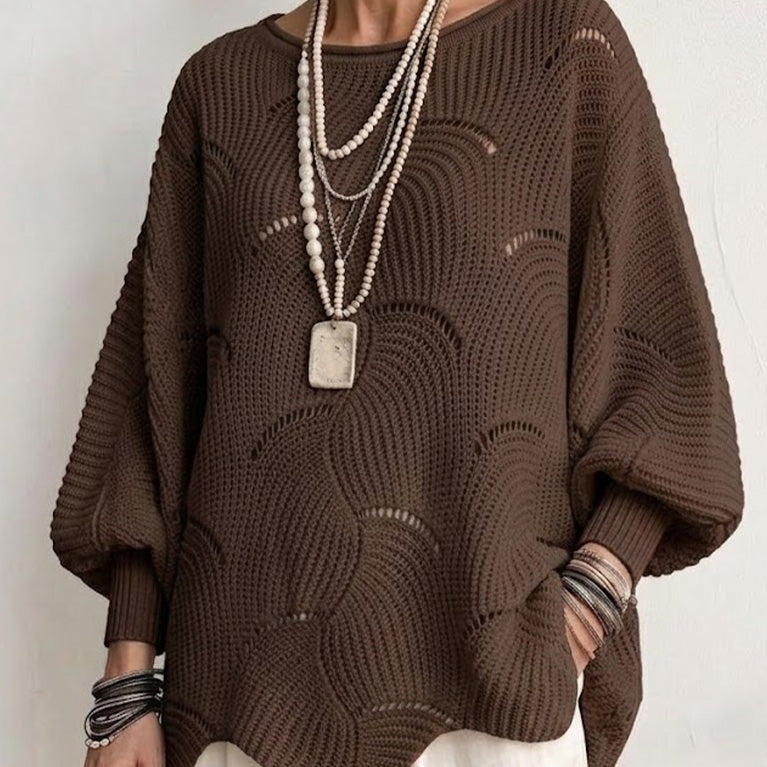 Hollow Wave Pattern Loose Lantern Sleeve Knit Top