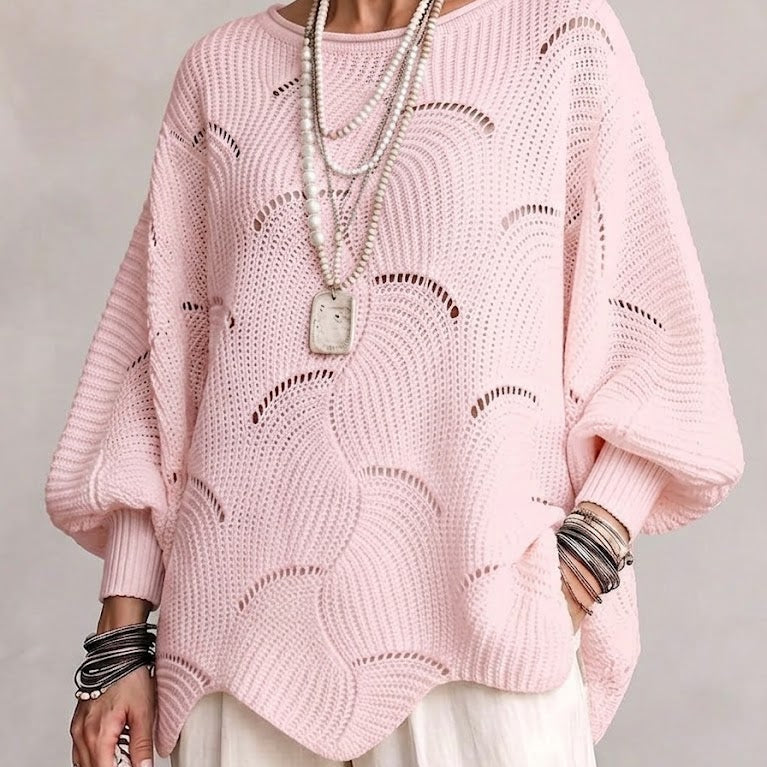 Hollow Wave Pattern Loose Lantern Sleeve Knit Top