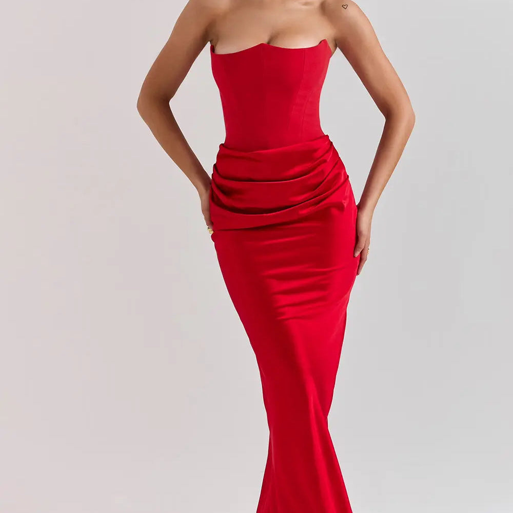 Strapless Ruched Bodycon Maxi Dress – Elegant Evening Gown