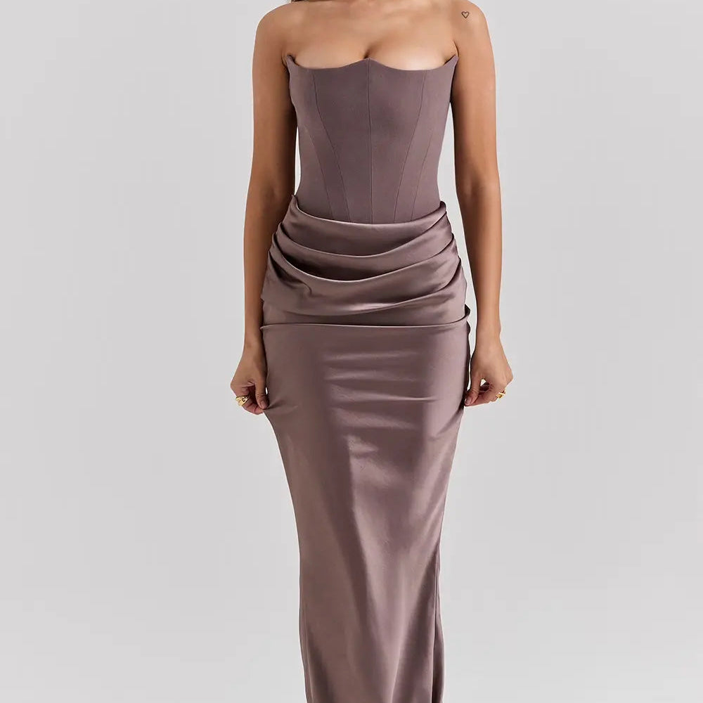 Strapless Ruched Bodycon Maxi Dress – Elegant Evening Gown