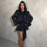 Women's Pleated Puff-Sleeve Mini Dress - Flowy Tie-Waist Summer Dress
