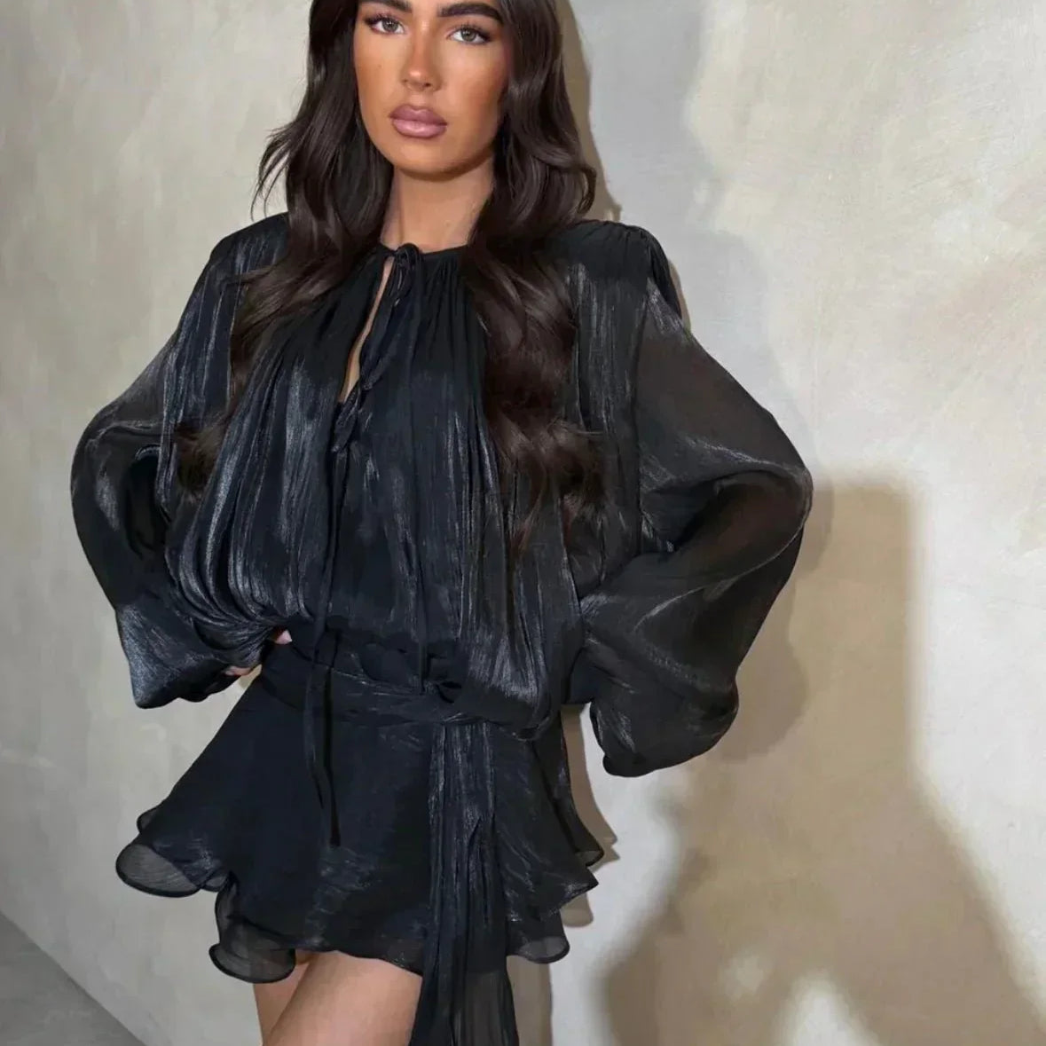 Women's Pleated Puff-Sleeve Mini Dress - Flowy Tie-Waist Summer Dress