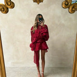 Women's Pleated Puff-Sleeve Mini Dress - Flowy Tie-Waist Summer Dress