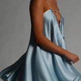 Women's Chain-Strap Satin Mini Dress Backless Evening Party