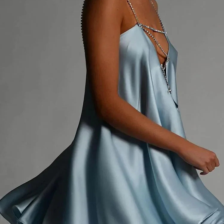 Women's Chain-Strap Satin Mini Dress Backless Evening Party