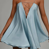 Women's Chain-Strap Satin Mini Dress Backless Evening Party