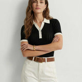 Women Contrast Collar Knit Polo Top