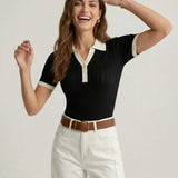Women Contrast Collar Knit Polo Top