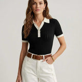 Women Contrast Collar Knit Polo Top