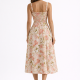 Valentina Floral Milkmaid A-Line Midi Sundress with Corset Waist and Tie Front