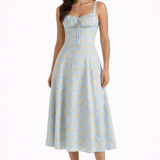 Valentina Floral Milkmaid A-Line Midi Sundress with Corset Waist and Tie Front