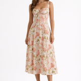 Valentina Floral Milkmaid A-Line Midi Sundress with Corset Waist and Tie Front