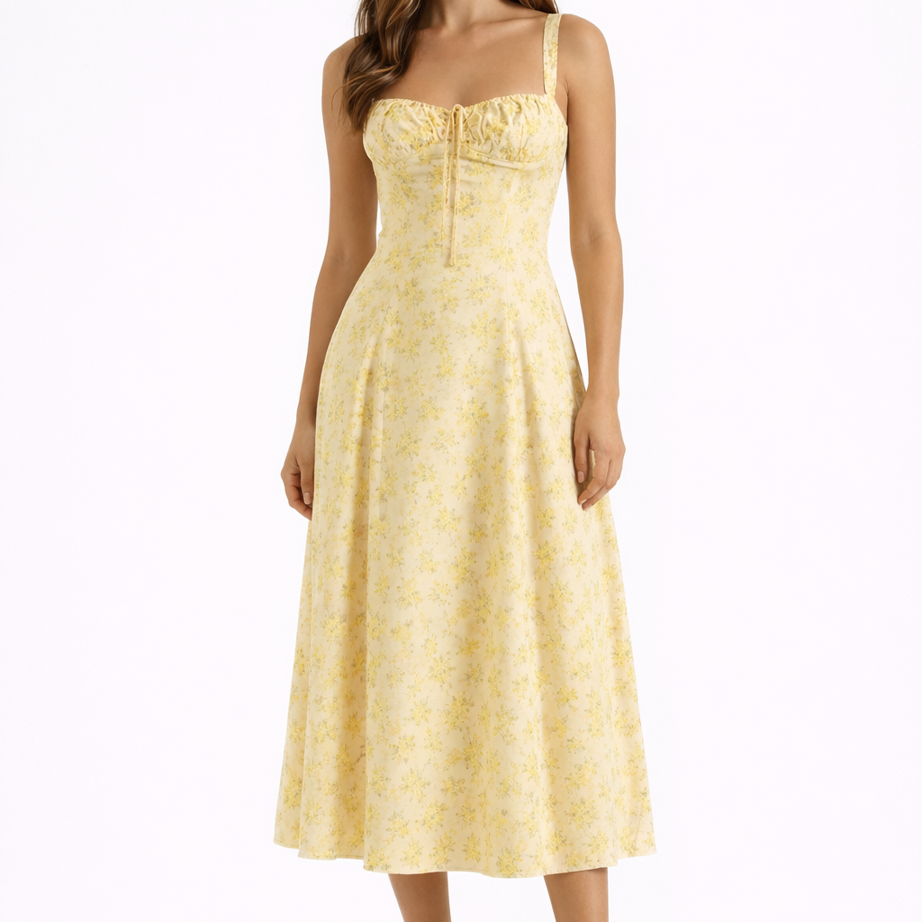 Valentina Floral Milkmaid A-Line Midi Sundress with Corset Waist and Tie Front