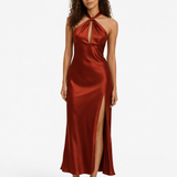 Willow Halter Satin Maxi Dress with Keyhole Detail and Side Slit
