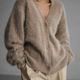 Women Oversized Fuzzy V-Neck Buttoned Long-Sleeve Cardigan