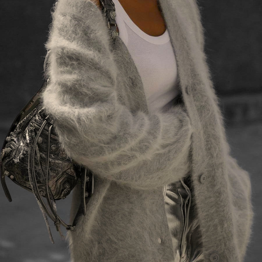 Women Oversized Fuzzy V-Neck Buttoned Long-Sleeve Cardigan