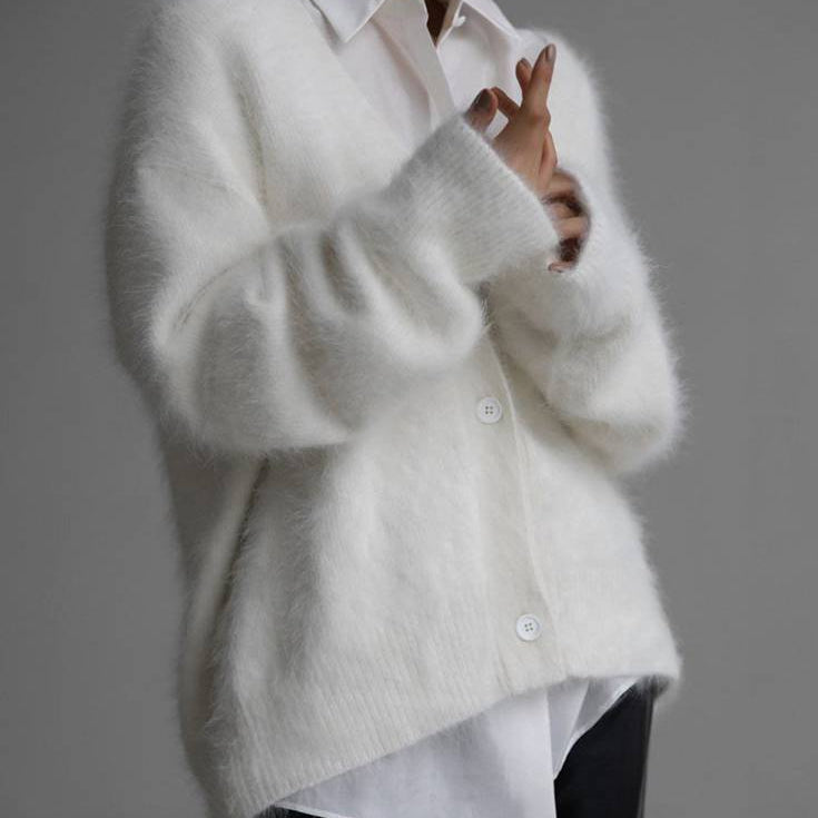 Women Oversized Fuzzy V-Neck Buttoned Long-Sleeve Cardigan