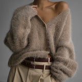 Women Oversized Fuzzy V-Neck Buttoned Long-Sleeve Cardigan