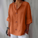 Amysaint | Women's Linen Blouse Button Front Three Quarter Sleeve