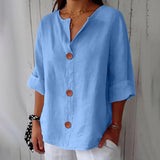 Amysaint | Women's Linen Blouse Button Front Three Quarter Sleeve