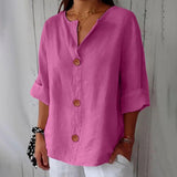 Amysaint | Women's Linen Blouse Button Front Three Quarter Sleeve