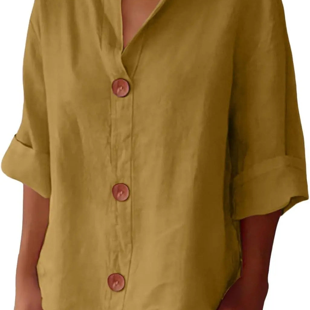 Amysaint | Women's Linen Blouse Button Front Three Quarter Sleeve