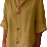 Amysaint | Women's Linen Blouse Button Front Three Quarter Sleeve