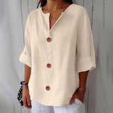 Amysaint | Women's Linen Blouse Button Front Three Quarter Sleeve