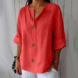 Amysaint | Women's Linen Blouse Button Front Three Quarter Sleeve
