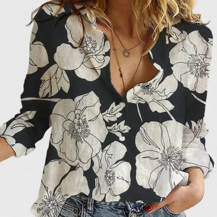 Women's Linen Button-Down Shirt Lapel Collar Relaxed Fit