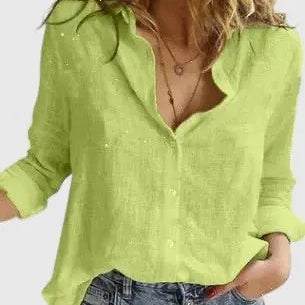 Women's Linen Button-Down Shirt Lapel Collar Relaxed Fit