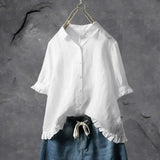 Amysaint | Women's Linen Button-Down Shirt Ruffle Trim Relaxed