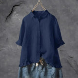 Amysaint | Women's Linen Button-Down Shirt Ruffle Trim Relaxed