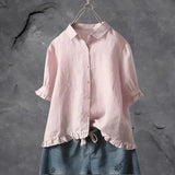 Amysaint | Women's Linen Button-Down Shirt Ruffle Trim Relaxed