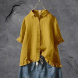Amysaint | Women's Linen Button-Down Shirt Ruffle Trim Relaxed