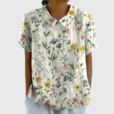 Amysaint | Women's Linen Floral Blouse Peter Pan Collar Short Sleeve