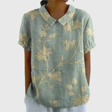 Amysaint | Women's Linen Floral Blouse Peter Pan Collar Short Sleeve