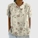Amysaint | Women's Linen Floral Blouse Peter Pan Collar Short Sleeve
