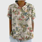 Amysaint | Women's Linen Floral Blouse Peter Pan Collar Short Sleeve