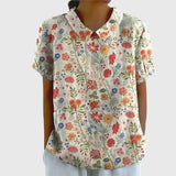 Amysaint | Women's Linen Floral Blouse Peter Pan Collar Short Sleeve