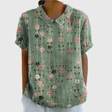 Amysaint | Women's Linen Floral Blouse Peter Pan Collar Short Sleeve