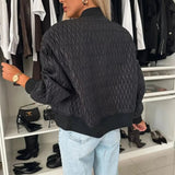 Women's Quilted Bomber Jacket Zip Front Diamond Pattern