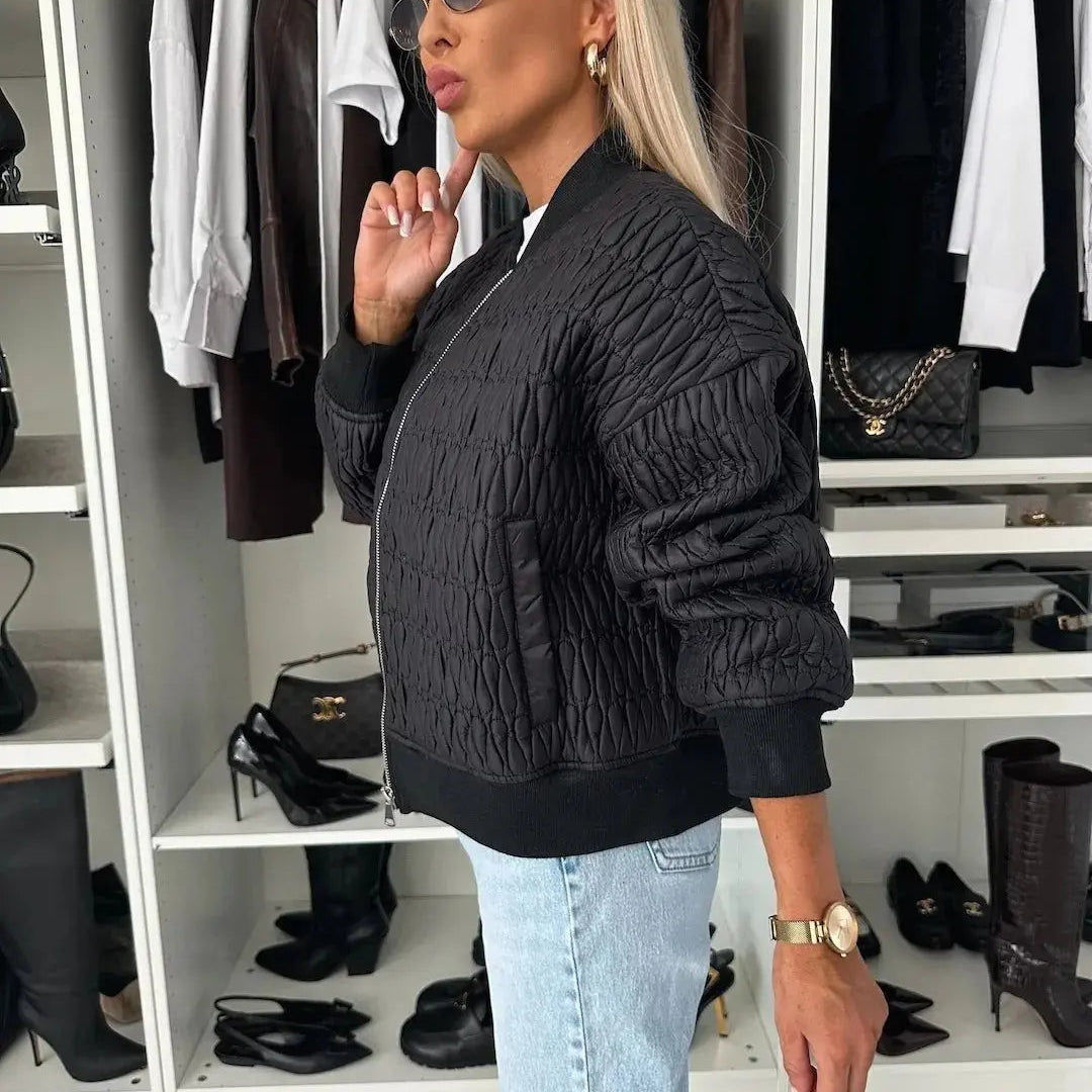 Women's Quilted Bomber Jacket Zip Front Diamond Pattern