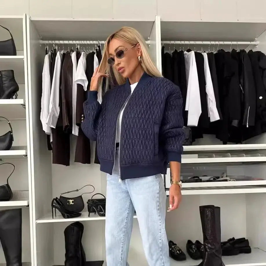 Women's Quilted Bomber Jacket Zip Front Diamond Pattern