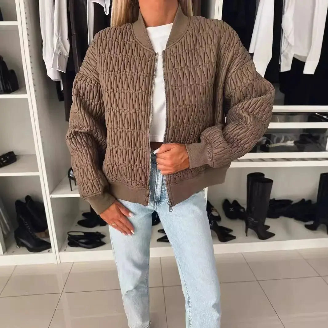 Women's Quilted Bomber Jacket Zip Front Diamond Pattern