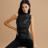 Sleeveless Draped Faux Leather Top with High Neck