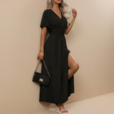 V Neck Flutter Sleeve Maxi Dress with Defined Waist