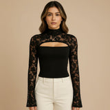 High Neck Lace Long Sleeve Top with Chest Cutout