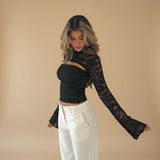 High Neck Lace Long Sleeve Top with Chest Cutout