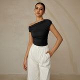 One Shoulder Ruched Fitted Top with Asymmetrical Neckline